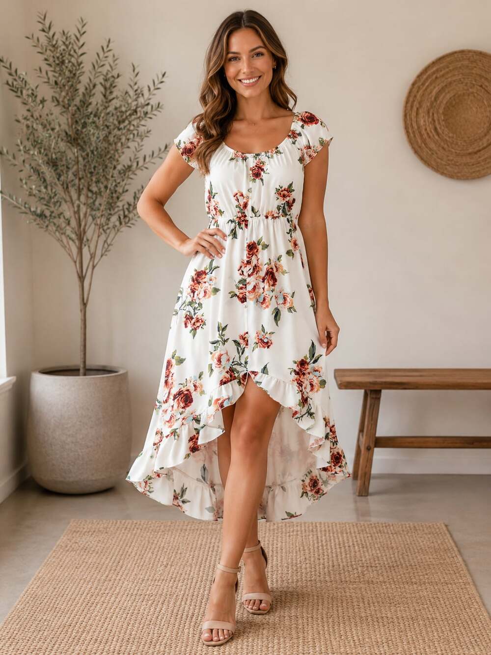 Miley + Molly Floral High Low Midi Dress White Off Shoulder Ruffle Size L